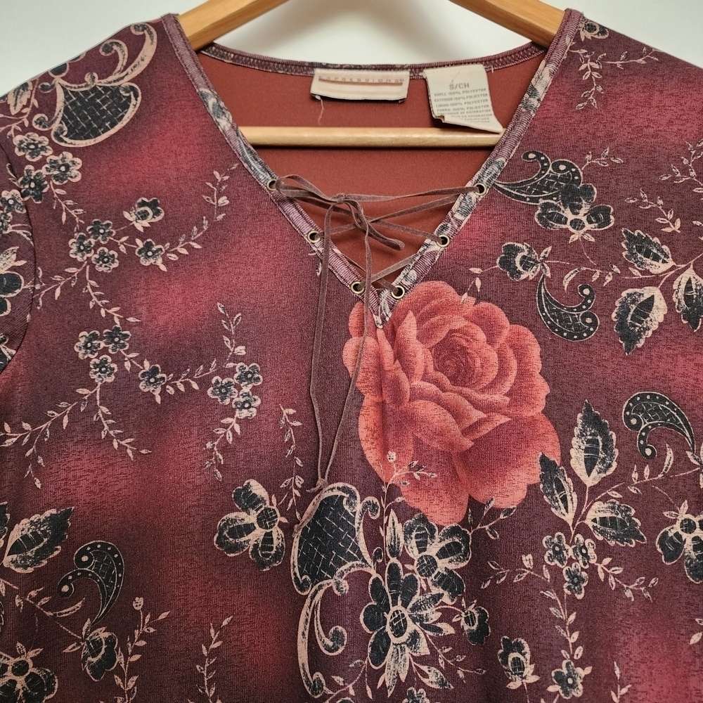 90s Expressions Burgundy Floral Lace-Up Asymmetrical Dress S - Picture 3 of 10